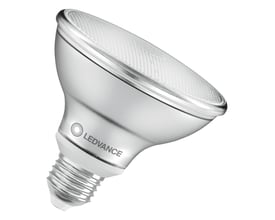 Bagside af Ledvance LED PAR30 E27 lyskilde, med synlig LEDVANCE logo og E27 fatning.