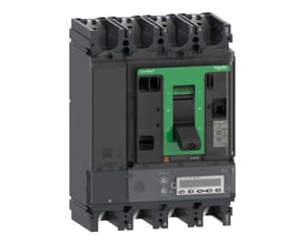 Detaljeret frontbillede af Schneider Electric ComPacT NSX400R maksimalafbryder, med synlig mærkat, digitalt display og betjeningshåndtag.