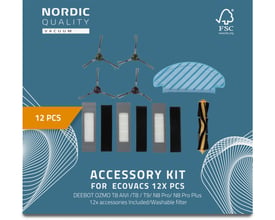 Nordic Quality 12-deles tilbehørssæt til Ecovacs robotstøvsugere med hovedbørste, sidebørster og filtre.