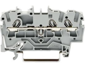 Detaljeret vinkel af Wago 2,5mm² gennemgangsklemme, der viser push-in tilslutningerne og den grå plastkonstruktion.