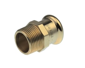 VSH overgang muffe/nippel i messing, 15 mm x 1/2 cu, med gevind og en glat muffeafslutning.