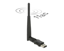 Sort DeLOCK trådløst USB-netværkskort med ekstern antenne og USB-stik, vist med 11ac-signal.