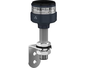 Schneider Electric XVU lystårnsfod Ø60mm i sort med L-beslag i metal og et 100mm rør, isoleret på hvid baggrund.