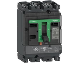 Detaljeret frontvisning af Schneider Electric ComPacT NSX250F 3-polet maksimalafbryder med TMD 250A relæ og mærkepladeinformation.