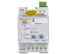 Forsiden af Schneider Electric Vigirex RH99M udkoblingsspole med reset og test knapper, indstillinger for IΔN (A) og Δt (s) samt terminaler.