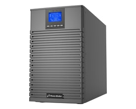 PowerWalker VFI 3000 ICT IoT UPS i mørkegrå med 3000VA/3000W kapacitet og digital skærm, set fra siden.