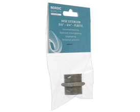 Nordic Quality gevindsamlebøsning i plast med 3/4" gevind, vist i original emballage med dansk og svensk tekst.