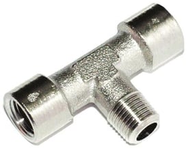 Metal T-stykke med tre tilslutninger til 1/4" rør, to indvendige og et udvendigt gevind.