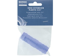 Nordic Quality slangesamlerør i blå plast med 3/4" tilslutning, præsenteret i original emballage.