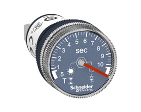Schneider Electric Harmony timer med forsinket tiltræk, 22 mm diameter og justerbar tid fra 0,5-10 sekunder, drevet af 230VAC.