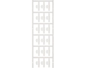 Weidmüller SlimFix Clip ledningsmærker i hvid plast viser en stribe af seks mærker med deres unikke clip-låseanordning på en neutral baggrund.