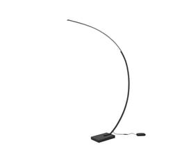 TRIO Lighting Bangkok LED gulvlampe i matsort metal med en buet lyskilde og en firkantet base med fjernbetjening.