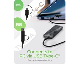 ICY Box M.2 NVMe- og SATA-SSD-kabinet med mørkt, rillet design og kabel med USB-C- og USB-A-stik.