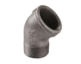Galvaniseret vinkelrørsfitting 1" med 45 graders bøjning, udvendig gevind og indvendig gevind på hvid baggrund.