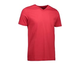 T-TIME® T-shirt med v-hals i rød, størrelse S, fra ID Identity, med tætsiddende pasform og smal halsrib. Fremvises på hvid baggrund.