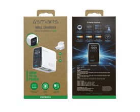 Emballagen til 4smarts GaN Flex Screen AI-opladeren viser den hvide 100 W oplader og dens funktioner.
