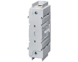Siemens neutralklemme 3LD9 i grå plast til 160-250A, monteret på din-skinne med tydelig N-markering og afbrydersymbol.