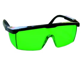 Nærbillede af Laserliner laserbriller med grønne linser og sort stel, fremhæver designet og materialet.