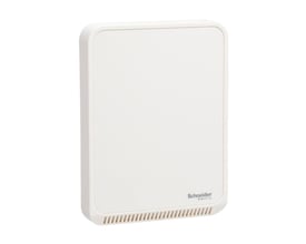Schneider Electric SpaceLogic SLP luftkvalitetssensor til vægmontering med mat hvid finish og diskrete ventilationsåbninger i bunden.