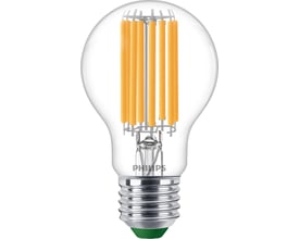 Philips Master Ultra Efficient Standard LED-pære med klar glas og synlige LED-filamenter, E27-fatning og 7,3W effekt.