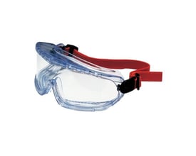 Honeywell V-Maxx gogglebrille med klar linse, justerbart rødt nakkebånd og indirekte ventilation, designet til 180 graders synsfelt.