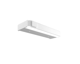 Svedbergs LED-belysning til skab i mathvid, 60x20 cm, set skråt nedefra med den aflange underside synlig.