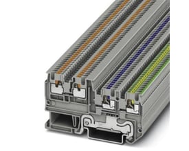 Detaljeret nærbillede af Phoenix Contact PTIO 1,5/S/3-PE klemme, der viser de individuelle push-in tilslutninger og den grå konstruktion.