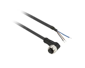 Tilslutningskabel fra Telemecanique Sensors, model XZCP0666L5J, med vinklet 3-polet M8-hunstik og frie ledningsender.