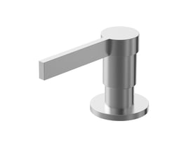 Lavabo Alkymist sæbedispenser i børstet rustfrit stål med lang, firkantet pumpearm set skråt forfra.