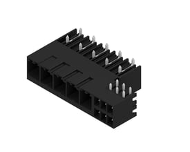 Weidmüller 5-polet hybridstik til printplade med sort hus og synlige metalben, set skråt ovenfra.