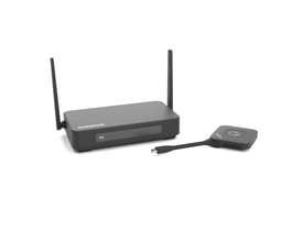 Marmitek Stream 4K Pro trådløst præsentationssystem med modtager med to antenner og USB-C-sender.