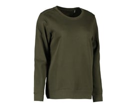 ID Identity økologisk dame sweatshirt i olivenfarvet bomuld, størrelse XL, med rund hals og ribkanter ved ærmer og bund.