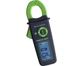 Elma 3037 tangamperemeter vist fra siden med en grøn kæbe og et digitalt display, der viser 6.95A, på en hvid baggrund.