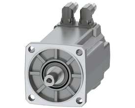 Siemens Simotics S-1FK2 HD servomotor med 5 Nm moment og cylindrisk aksel, vist fra fronten med to vinklede stik.