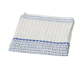 Hvid gulvklud fra Diversey TASKI i forstærket bomuld med blå stribemønstre i vaffelvævet struktur, måler 50x48 cm.