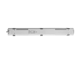 Opple LEDWP-CLA-E L600 LED-armatur med EM1-nødlys, set fra bagsiden med mærkning, åbninger og monteringsclips.