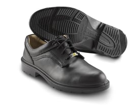Sika Footwear Adviser S2 ESD arbejdssko i sort læder, str. 43, vist med sålen opad og forfra.