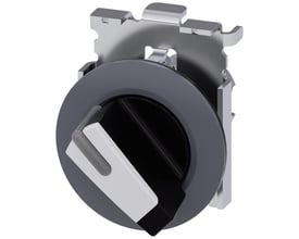 Siemens 30mm vælgerkontakt i rund metal med mat hvid finish og sort betjeningsknap, vist på hvid baggrund.