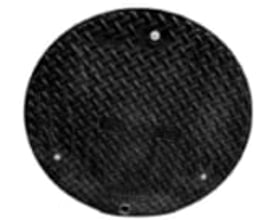 NID 600 mm rundt dæksel i komposit med fjerderlås og 40 tons belastningsevne, viser diamantmønster og monteringshuller.