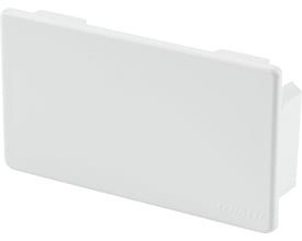 Nærbillede af Hager endestykke til FB 60110 installationskanal, visende den perlehvide plast og 'HAGER' logoet på siden.