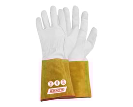 GlovesPro MIG Plus svejsehandske i str 7, fremstillet af hvidt gedeskind med en gul oksespalt krave, der opfylder EN certificeringer.