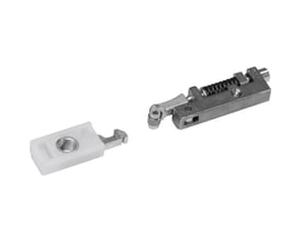 Dormakaba fastholdenhed RF til glideskinne G 96 N20 med 120° vinkel, vist som en metalmekanisme og løs hvid del.