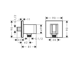 Teknisk tegning af Hansgrohe FixFit Porter Square slangeudtag med mål for G1/2" tilslutning og 90x90mm plade.