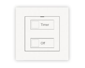 Hvid trådløs timer-kontakt med knapper mærket 'Timer' og 'Off' på en cremefarvet baggrund.