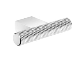Beslagsboden greb i krom, 60 mm, med cylindrisk riflet håndtag og firkantet monteringsfod, set skråt forfra.