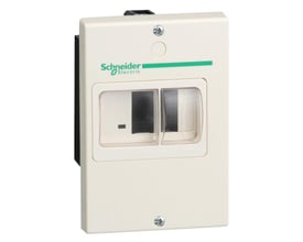 Schneider Electric IP55 kapsling med logo og mærkat, der viser vinduer til knapper og tydelig IP-klassificering.