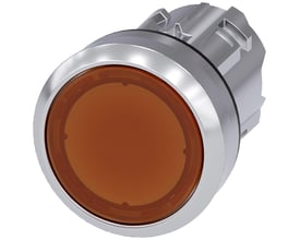 Siemens SIRIUS ACT 22mm rund trykknap med højglans metalring og flad, oplyst orange betjeningsflade.