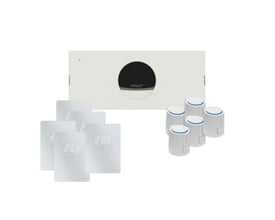 Pettinaroli Pro Komp 5 Z gulvvarmesystem med styreboks, 5 hvide LED rumtermostater og 5 telestater.