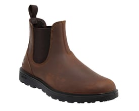 Brun Carhartt Greenfields 2 Chelsea-støvle i str. 38 med elastiske sidepaneler og sort sål, set skråt forfra.