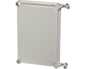 Gråt Fibox EKJ dæksel i polycarbonat med hængsler og monteringsdetaljer i siderne, 190 x 280 mm.